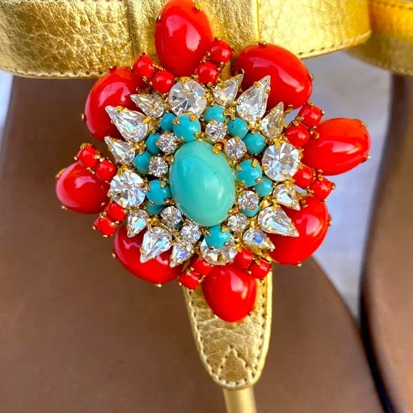 Beverly Feldman jeweled sandals heels gold turquoise size 11 - Picture 3 of 13